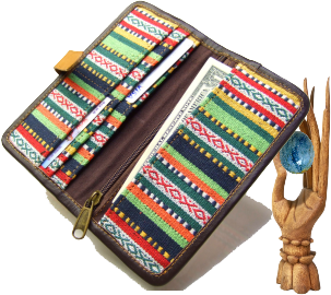 ネパール製ゲリコットンｘレザー二つ折り財布　革財布　男女兼用サイズ　エスニック財布